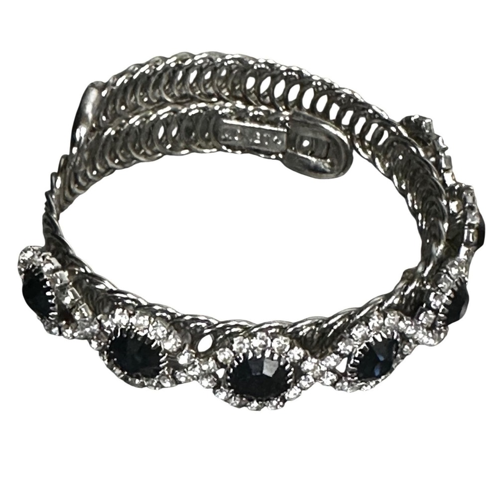 Vintage Monet Silver Tone Black Crystal Rhinestone Bypass‎ Wrap Coil Bracelet